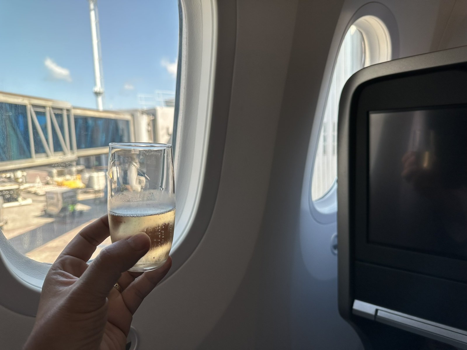 飛行機の窓から見た空港と機内の様子