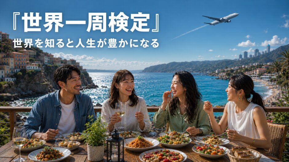 海辺のテラスで各国の料理を囲んで笑う4人と、空を飛ぶ飛行機