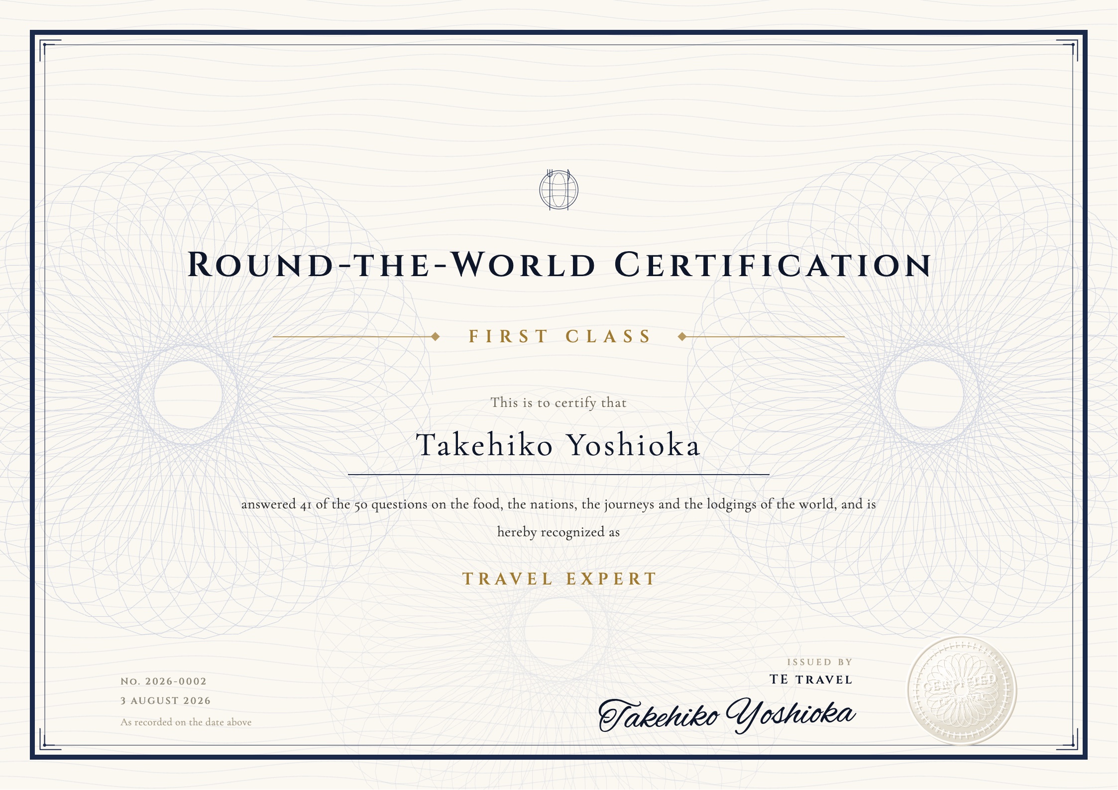 Round-the-World Certification の認定証